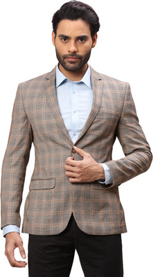 PARK AVENUE Checkered Single Breasted Formal Men Blazer(Brown)