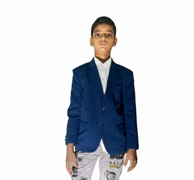 TTRFashion Checkered Single Breasted Festive & Wedding Boys Blazer(Blue)
