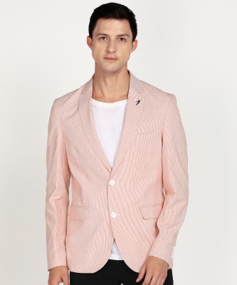 INDIAN TERRAIN Striped Single Breasted Casual Men Blazer(Orange)