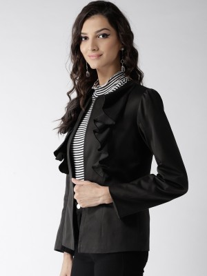 Popnetic Solid Single Breasted Casual Women Blazer(Black)