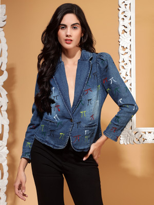 DRAPE AND DAZZLE Printed Single Breasted Casual Women Blazer(Blue)