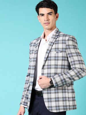 V-MART Checkered Single Breasted Formal Men Blazer(Grey)