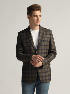 TAHVO Checkered Single Breasted Formal Men Blazer(Brown)