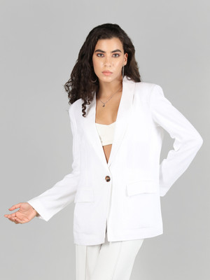 CHKOKKO Solid Single Breasted Formal Women Blazer(White)