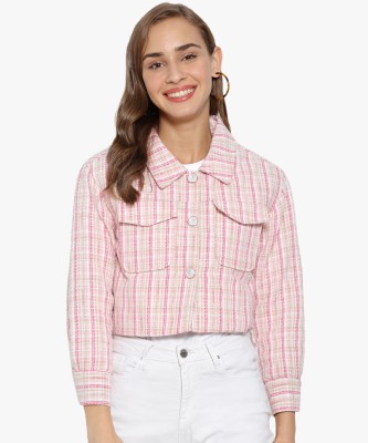 CAMPUS SUTRA Checkered Tuxedo Style Casual Women Blazer(Pink, White)