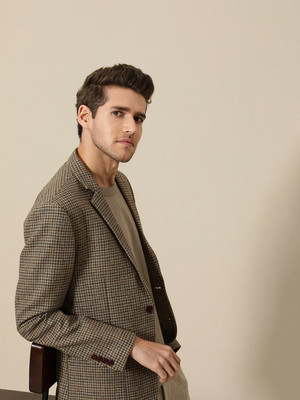 Mr Bowerbird Checkered Single Breasted Casual Men Blazer(Beige)