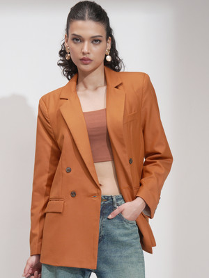 Tokyo Talkies Solid Double Breasted Casual Women Blazer(Brown)
