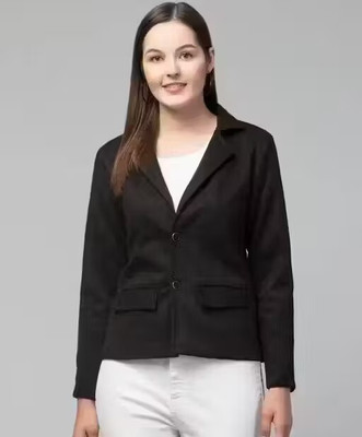 Omani Creations Solid Single Breasted Formal Women Blazer(Black)