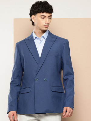 INVICTUS Solid Double Breasted Formal Men Blazer(Blue)