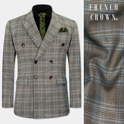 french crown Checkered Double Breasted Festive & Wedding, Party Men Blazer(Grey)