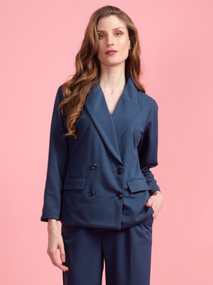 Kiwwi by Kirti Solid Double Breasted Formal Women Blazer(Blue)