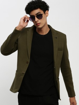 Showoff Solid Single Breasted Casual Men Blazer(Dark Green)