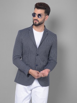 CRIMSOUNE CLUB Striped Single Breasted Casual Men Blazer(Light Blue)