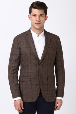 PETER ENGLAND Checkered Single Breasted Formal Men Blazer(Brown)