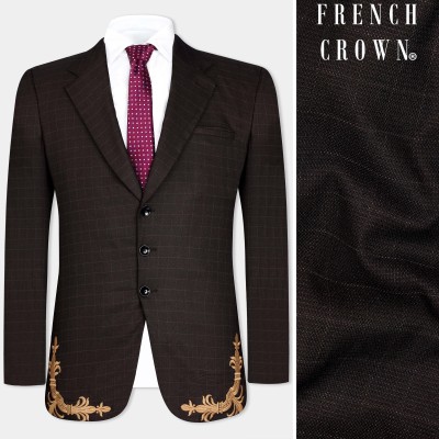 french crown Checkered Single Breasted Festive & Wedding, Party Men Blazer(Brown)