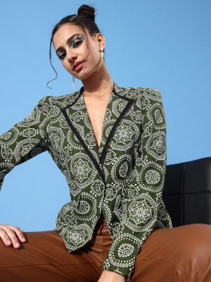 KASSUALLY Printed Single Breasted Casual Women Blazer(Green)