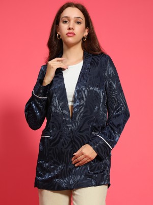 OXOLLOXO Self Design Single Breasted Casual Women Blazer(Dark Blue)