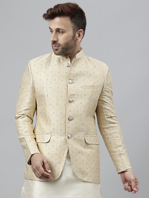 Hangup Woven Single Breasted Festive & Wedding Men Blazer(Gold)