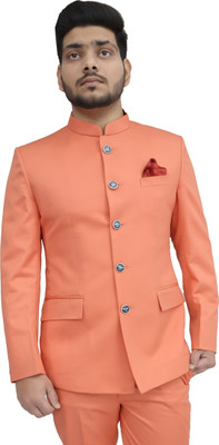ALJAAMI Solid Bandhgala Wedding Men Blazer(Orange)