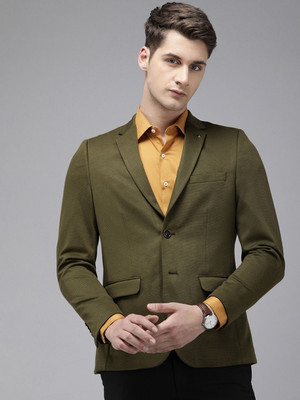VAN HEUSEN Solid Single Breasted Formal Men Blazer(Dark Green)