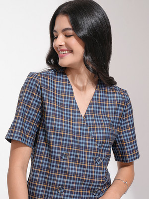 Tokyo Talkies Checkered Double Breasted Party Women Blazer(Blue)