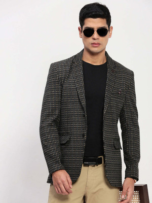 SHOWOFFFF Checkered Single Breasted Casual Men Blazer(Black)