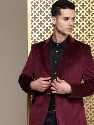 House of Pataudi Solid Single Breasted Party Men Blazer(Maroon)