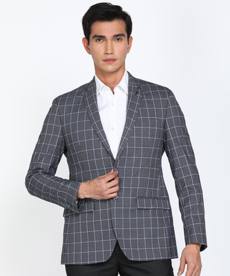 PARK AVENUE Checkered Single Breasted Formal Men Blazer(Grey)