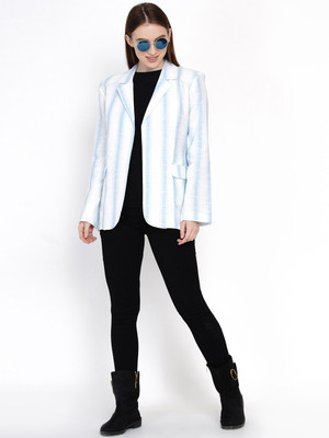 9 impression Striped Single Breasted Formal Women Blazer(White)