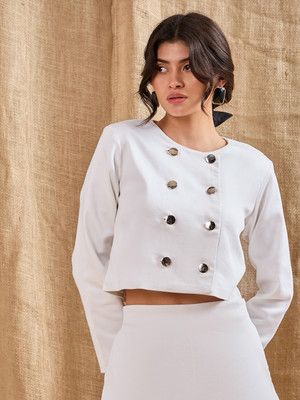 SASSAFRAS Solid Double Breasted Casual Women Blazer(White)