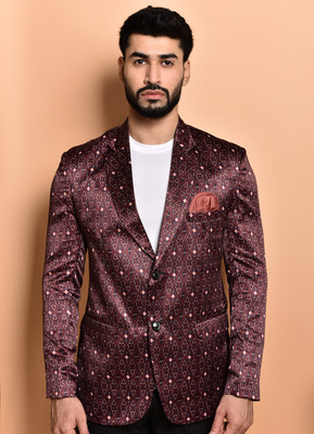 PRINT CULTR Geometric Print Single Breasted Casual Men Blazer(Brown)