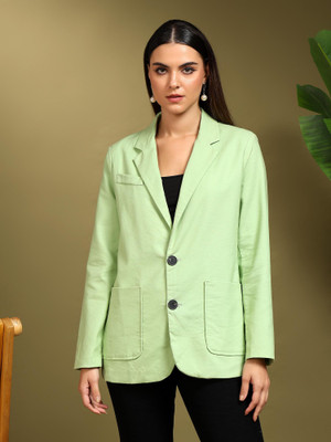 KOTTY Solid Mandarin Casual Women Blazer(Green)