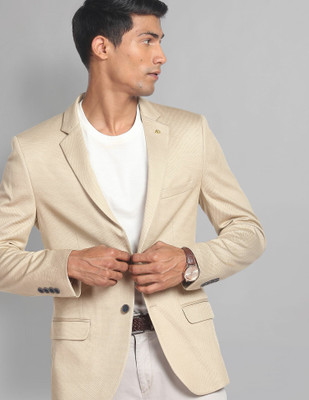 AD by Arvind Solid Single Breasted Formal Men Blazer(Beige)