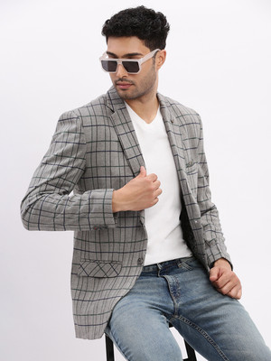 SHOWOFFFF Checkered Single Breasted Casual Men Blazer(Grey)