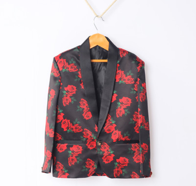 funny bones Printed Tuxedo Style Casual Boys Blazer(Red)