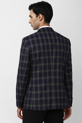 VAN HEUSEN Checkered Single Breasted Formal Men Blazer(Dark Blue)