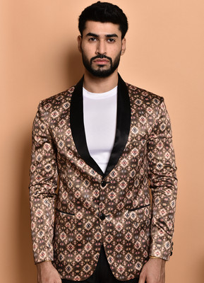 PRINT CULTR Printed Single Breasted Casual Men Blazer(Brown)