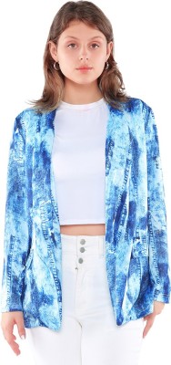 London Rag Printed Single Breasted Casual Women Blazer(Blue)