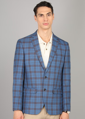 PARK AVENUE Checkered Single Breasted Formal Men Blazer(Blue)
