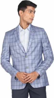 AD by Arvind Checkered Single Breasted Formal Men Blazer(Blue)