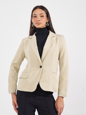 Styli Solid Single Breasted Casual Women Blazer(Beige)