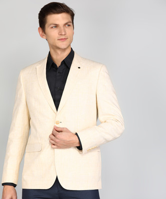 VAN HEUSEN Checkered Single Breasted Formal Men Blazer(Yellow)