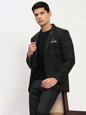 SHOWOFFFF Checkered Single Breasted Casual Men Blazer(Black)