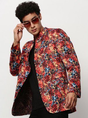 SHOWOFFFF Printed Bandhgala Casual Men Blazer(Orange)
