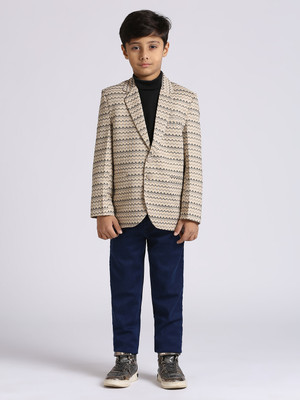 Yk Solid Single Breasted Party Boys Blazer(Beige)