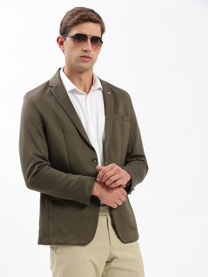 SHOWOFFFF Solid Single Breasted Casual Men Blazer(Dark Green)
