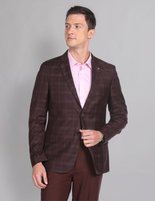 AD by Arvind Checkered Single Breasted Formal Men Blazer(Red)