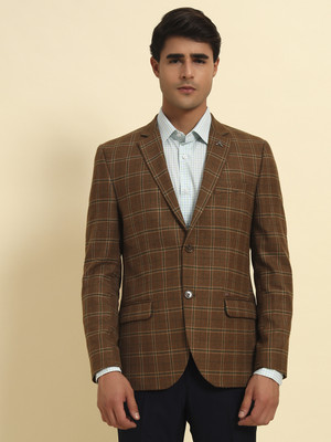 CANTABIL Checkered Single Breasted Formal Men Blazer(Brown)