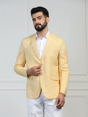 TAHVO Solid Single Breasted Formal Men Blazer(Yellow)