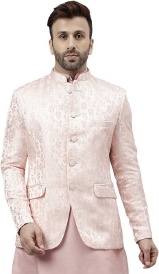 Hangup Woven Mandarin Festive & Wedding Men Blazer(Pink)